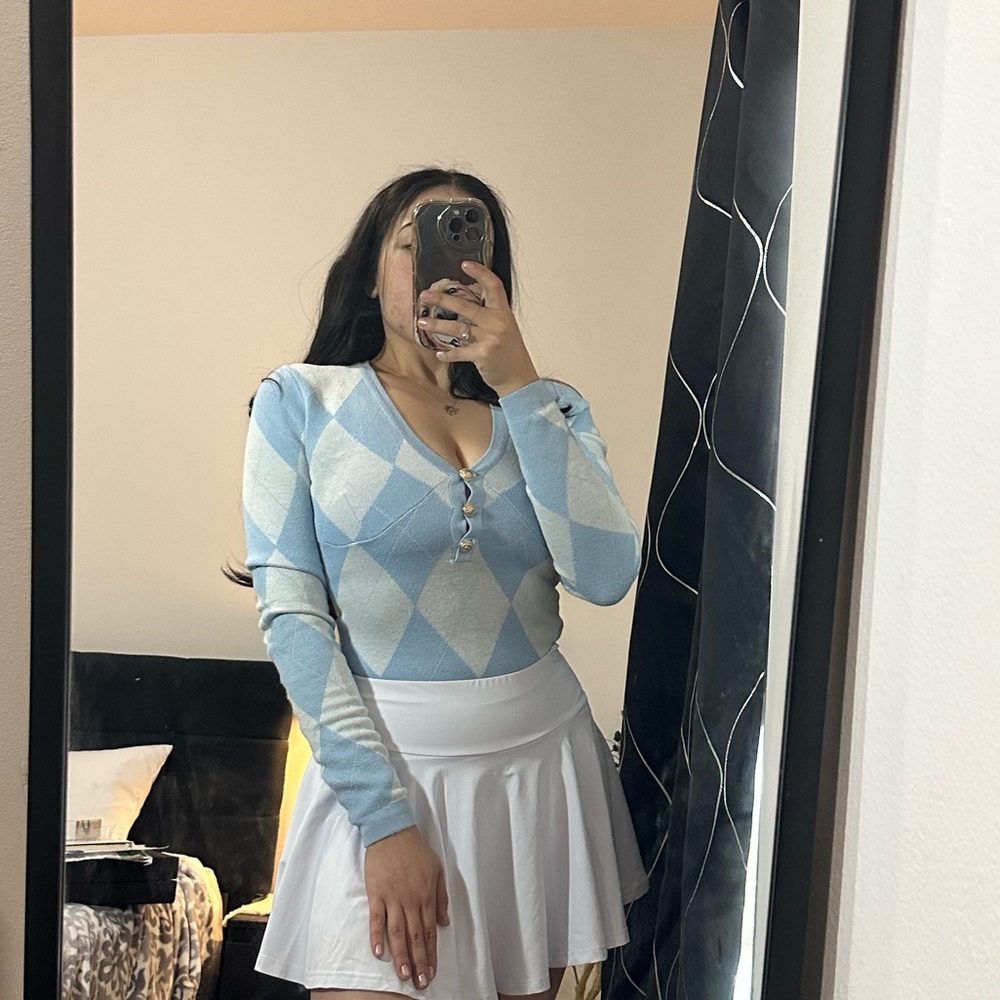 Missguided Tall Argyle Bodysuit | Light Blue & White Preppy Twee